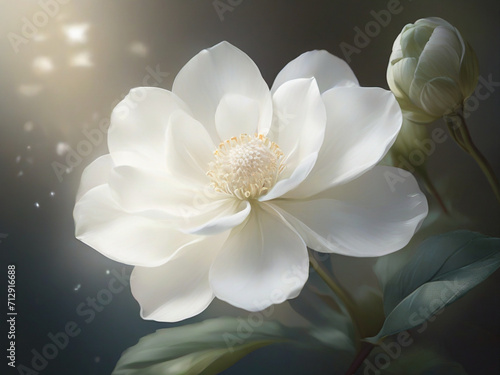 A white flower enhanced by bright, soft light, it exudes a beautiful and dreamy environment.
