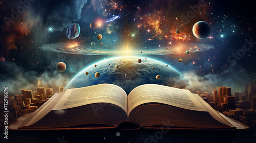 book of the universe. opened magic book with planet photo
