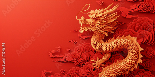 Gold Chinese dragon statue by paper cut Lunar new year on red background.