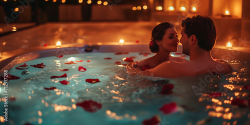 Happy young couple in love in hot tub with rose petals, romantic dating