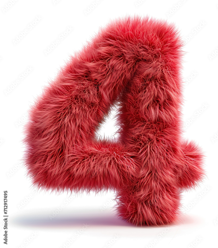 Red and fluffy 3D number 4 on transparent background as png. Furry, soft and hairy symbol 4. 3D rendering. Red and fluffy 3D number 4 on transparent background as png. Furry, soft and hairy symbol 4. 3D rendering.