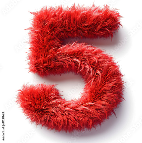 Red and fluffy 3D number 5 on transparent background as png. Furry, soft and hairy symbol 5. 3D rendering.