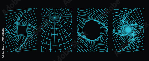 Futuristic cyberpunk style background vector set. Geometric wireframe of square, distortion, grid with light blue. Retro graphic on black background for decoration, business, cover, poster, techno.