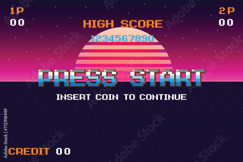 PRESS START INSERT A COIN TO CONTINUE .pixel art .8 bit game. retro game. for game assets .Retro Futurism Sci-Fi Background. glowing neon grid. and stars from vintage arcade computer games