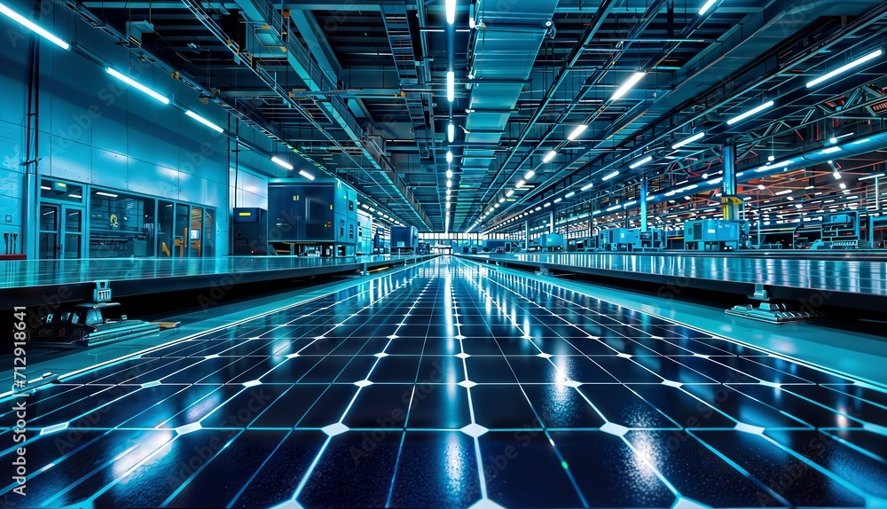 Fototapeta premium 3d rendering of a conveyor belt in a factory with solar panels.