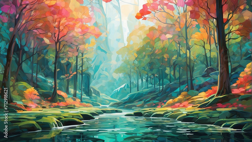 Landscape illustration artwork of a unknown mysterious forest. River side, Colorful, Trees and grass, Artistic