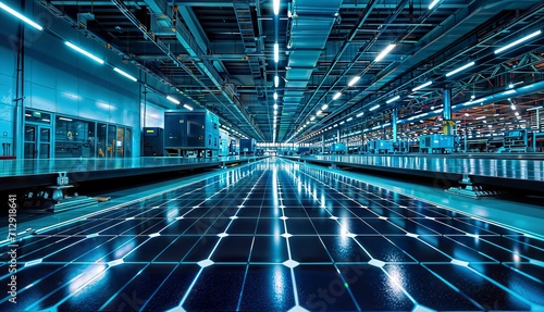 3d rendering of a conveyor belt in a factory with solar panels. photo
