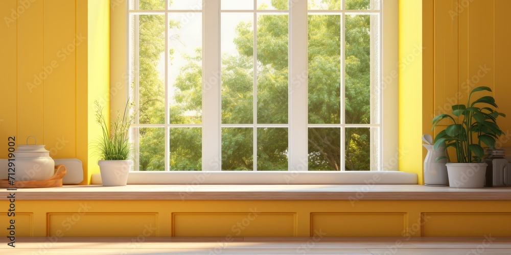 Fototapeta premium Kitchen room with a yellow desk and window of age.