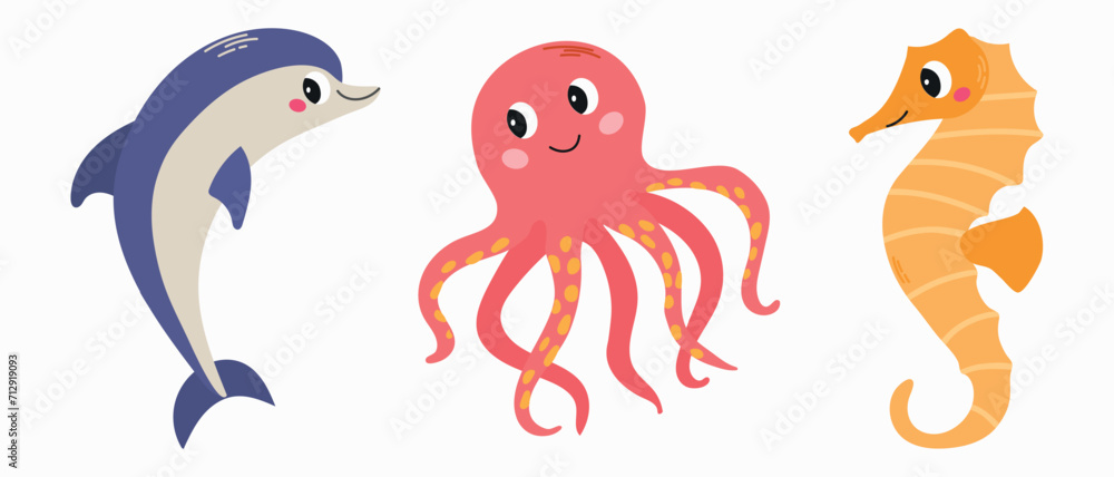 Set of сute sea and ocean animals octopus, dolphin and seahorse cartoon vector illustration Set of сute sea and ocean animals octopus, dolphin and seahorse cartoon vector illustration