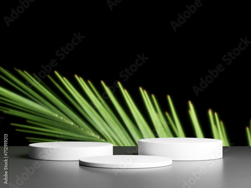 Product display podium with blurred nature leaves background. 3D rendering