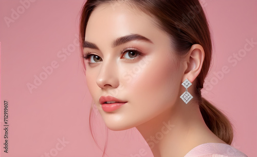 Valentine's Day, a Pretty young Woman, simple small Diamond earring, soft pink background. Generative AI