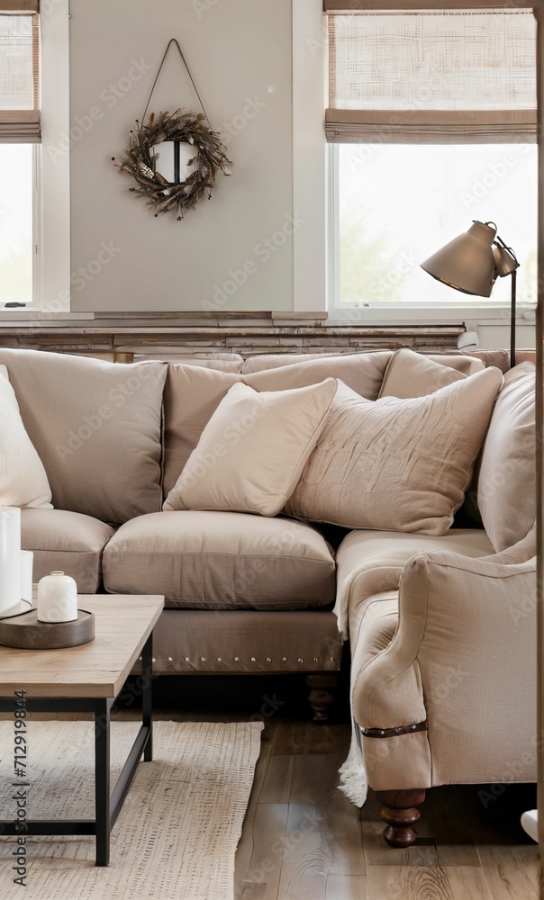 Fototapeta premium Brown sofa cushion modern Scandinavian style living room in spring