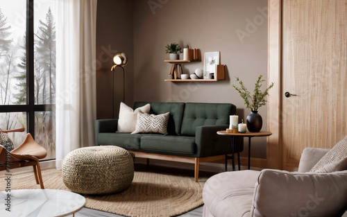 green cushion, modern Scandinavian style living room Decorated with earth tones. © Leone Studio