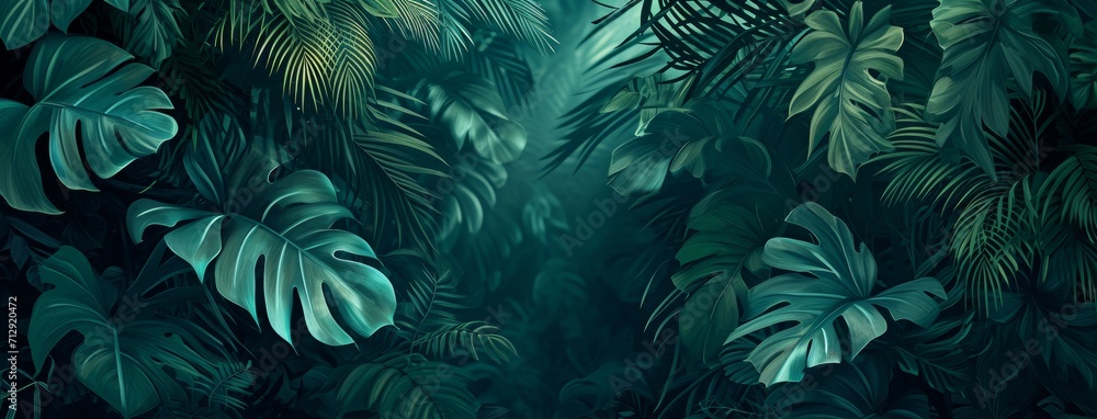 tropical leaves jungle background, in the style of dark aquamarine and green tropical leaves jungle background, in the style of dark aquamarine and green