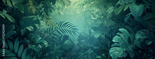 tropical leaves jungle background, in the style of dark aquamarine and green