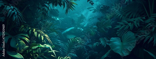 tropical leaves jungle background, in the style of dark aquamarine and green © wanna