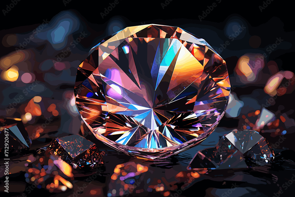 Clear round brilliant cut diamond standing on its point on black mirror background. Close-up side view, 3D rendering illustration Clear round brilliant cut diamond standing on its point on black mirror background. Close-up side view, 3D rendering illustration