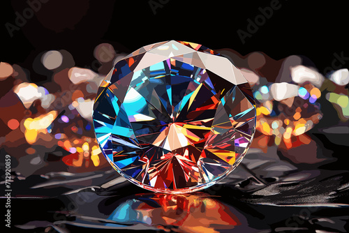 Clear round brilliant cut diamond standing on its point on black mirror background. Close-up side view  3D rendering illustration