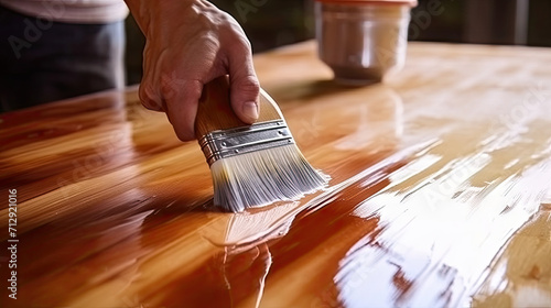  a person wiping a paint brush over wood on a table,  photo