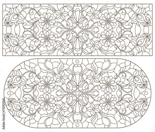 Set contour illustrations of stained glass with abstract swirls and flowers , dark outlines on a white background