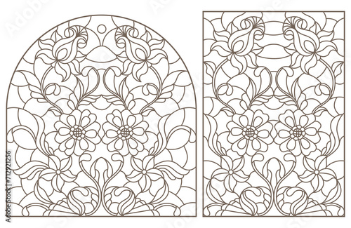 Set contour illustrations of stained glass with abstract swirls and flowers , dark outlines on a white background