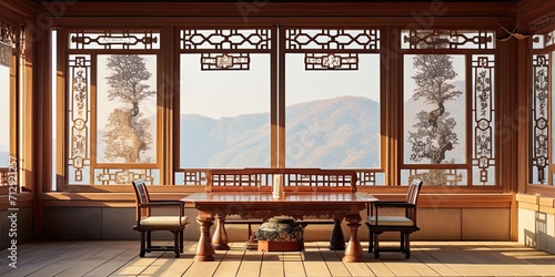 Traditional Korean architecture featuring sliding doors and a small table with chairs in the interior.