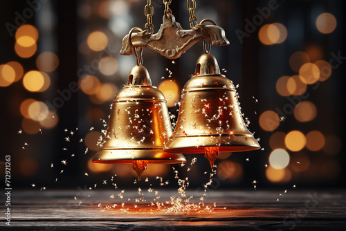 Golden bell on bokeh background ,small bells hanging in temple