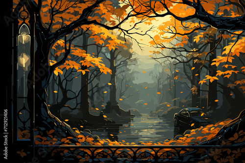 Illustration autumn landscape beautiful colored trees. Color in nature. gorgeous view.