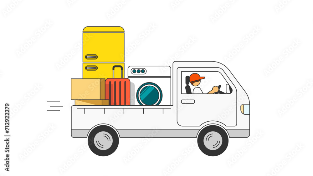 Moving concept illustration. Moving service small truck and driver. Refrigerator, washing machine, suitcase, boxes, etc. Moving concept illustration. Moving service small truck and driver. Refrigerator, washing machine, suitcase, boxes, etc.