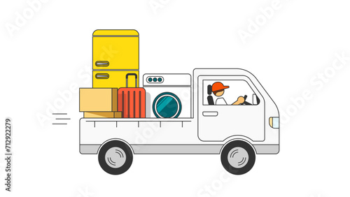 Moving concept illustration. Moving service small truck and driver. Refrigerator, washing machine, suitcase, boxes, etc.