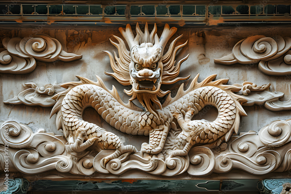 Chinese dragon sculpture on the wall of a temple in Beijing, China Chinese dragon sculpture on the wall of a temple in Beijing, China