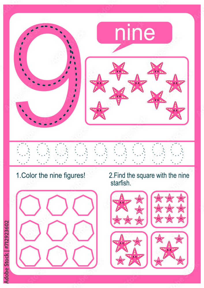Kids learning material. Card for learning numbers. Number 9