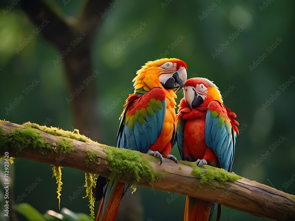 Obraz premium A beautiful loving couple macaw perching on top