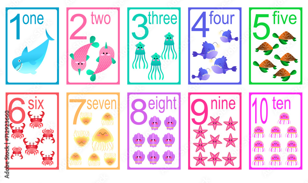 Children's learning material. Card for learning numbers. Number 1-10. Funny fish Children's learning material. Card for learning numbers. Number 1-10. Funny fish