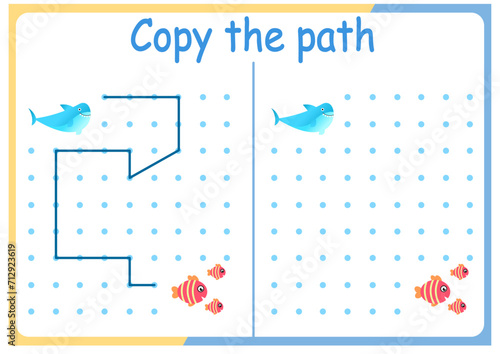Cute Animals activities for kids. Copy the path . Logic games for children. Vector illustration. Book square format.