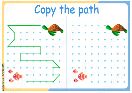 Cute Animals activities for kids. Copy the path . Logic games for children. Vector illustration. Book square format.