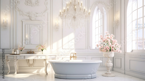 Luxurious modern home bathroom interior with rich interiors  white marble  flowers  freestanding bathtub  mirrors and accessories.