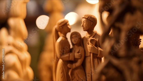 Closeup of a wood carving depicting a peaceful scene of people from different cultures embracing. photo