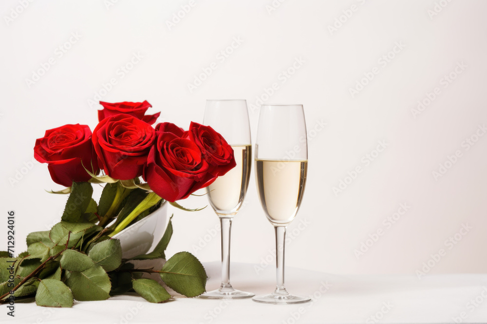 A bouquet of red roses with two flutes of sparkling champagne set on an elegant white backdrop. A bouquet of red roses with two flutes of sparkling champagne set on an elegant white backdrop.