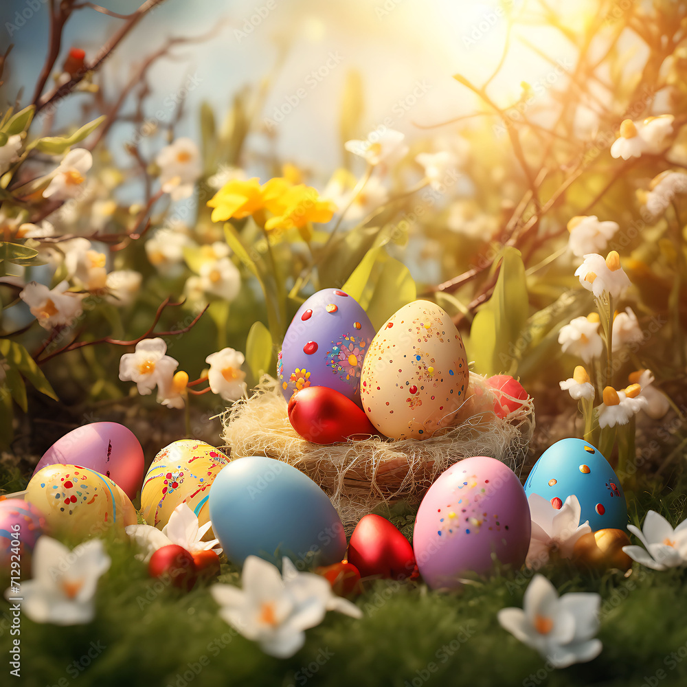 Happy easter day colorful eggs and bunny and butterfly on fresh green grass decorative background.