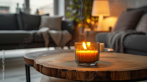 Close up of round glass jar with burning candle on rustic wooden coffee table. Lamp on side table near grey sofa. Minimalist loft home interior design of modern living room