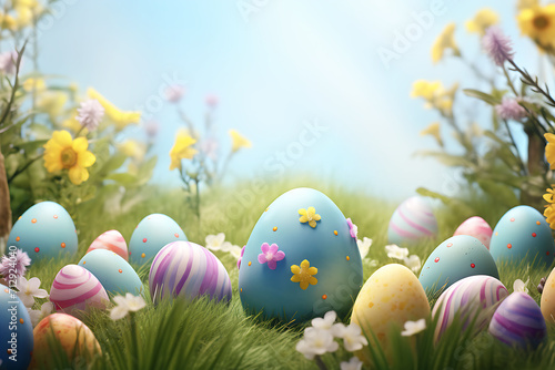 Happy easter day colorful eggs and bunny and butterfly on fresh green grass decorative background.