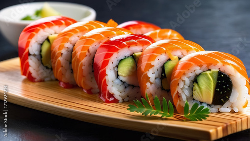 realistic, perfectly composition, dof, wide angle photo, macro, hightly detailed, copy space, sushi.