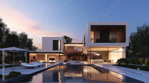  Exterior of modern minimalist cubic villa with swimming pool at sunset © midart