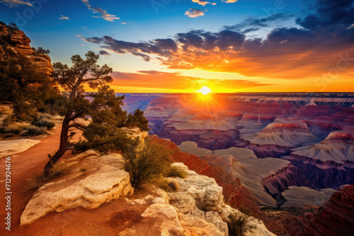 The Grand Canyon's iconic beauty shines during a dramatic sunset. A perfect addition to your travel and nature-themed projects. AI generative.