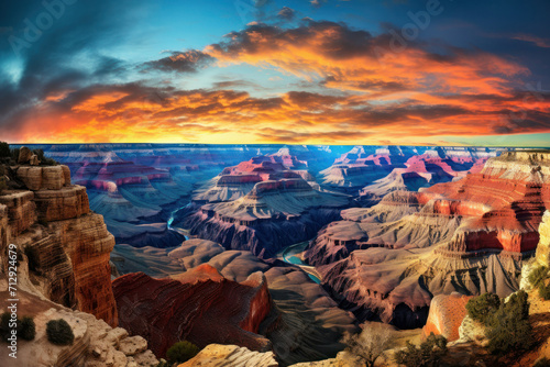 Experience the majesty of the Grand Canyon during a vibrant sunset. Witness the breathtaking beauty of this iconic natural wonder. AI generative.