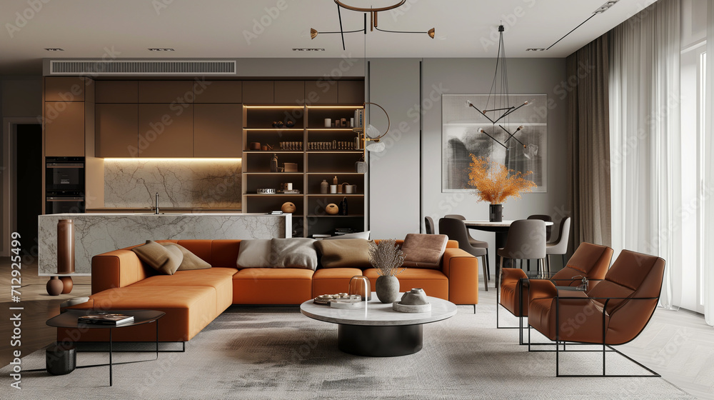 Mid-century style interior design of modern living room with terra cotta sofa and brown leather armchairs