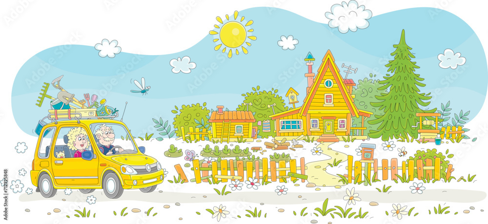 Obraz premium Happy grandpa and grandma in their small car driving up to a little house with a vegetable garden, a bathhouse, a draw-well and an wooden fence on a sunny day in countryside, vector cartoon