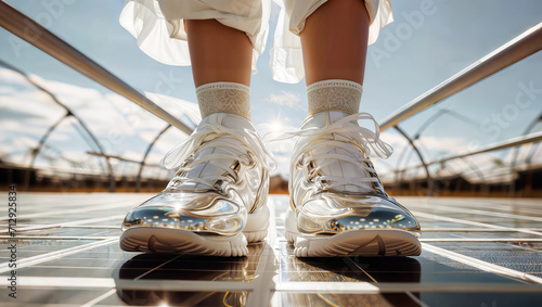Close-up of female legs in white sneakers on the background of solar panels. photo