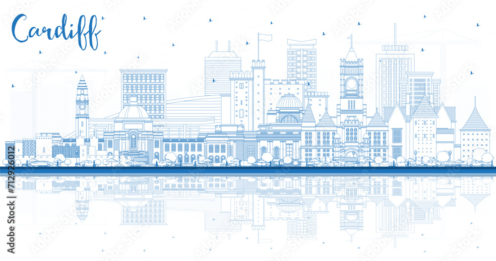 Outline Cardiff Wales City Skyline with Blue Buildings and reflections. Cardiff UK Cityscape with Landmarks. Business Travel and Tourism Concept with Historic Architecture.